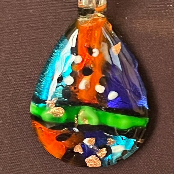 3D Graphic Blue Red & Green Dichroic Glass Pendant • Sterling Italian Chain - Picture 2 of 12